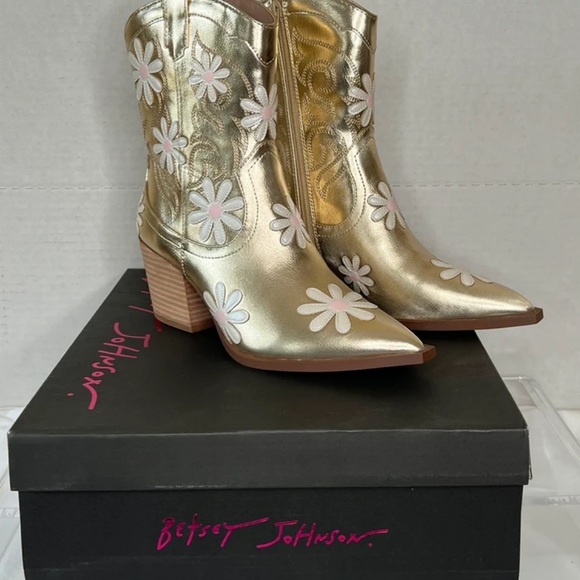 Betsey Johnson Shoes - Betsey Johnson Gold Western Ankle Boots with Pink Daisy Accents